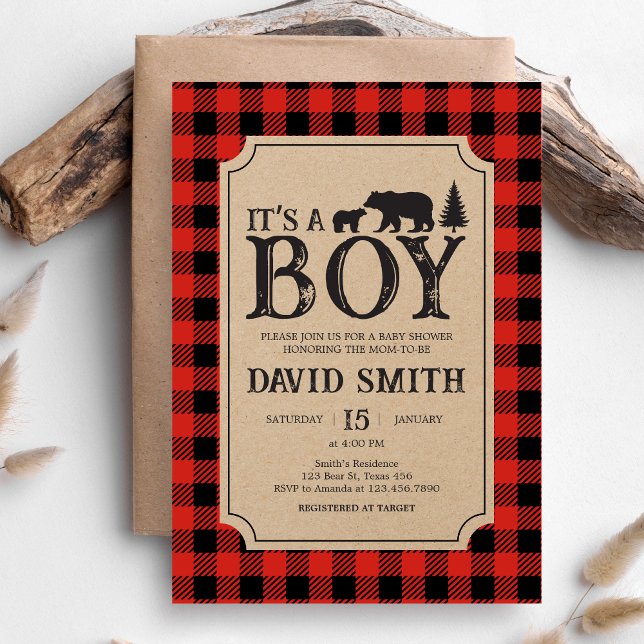 Invitation Lumberjack Bear Baby Shower  (Bear Plaid Baby Shower Invitation)
