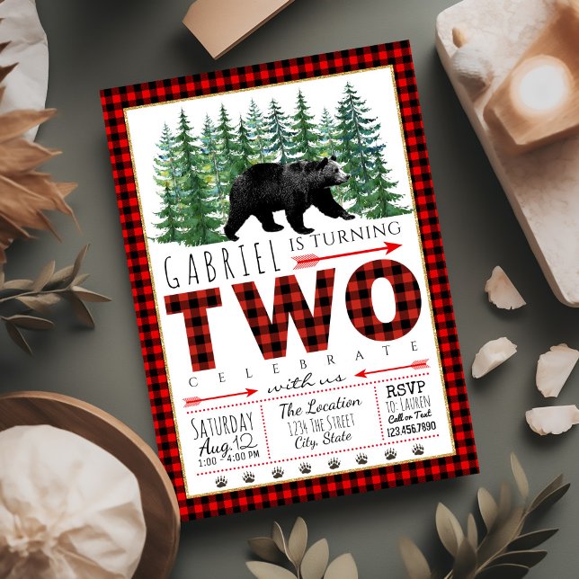 Invitation Lumberjack Bear Boy 2e anniversaire fêtes Invitati (Simply add your event details. Instant download and printed invitations are available.)
