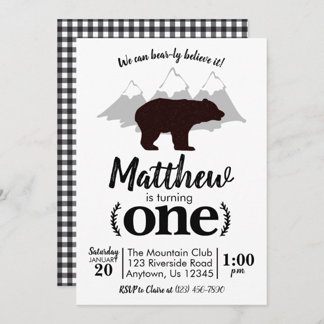 Invitation Lumberjack Boy Bear Premier anniversaire (Devant / Derrière)