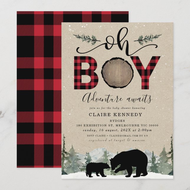 Invitation Lumberjack Flannel Kraft Oh Boy Baby shower (Devant / Derrière)