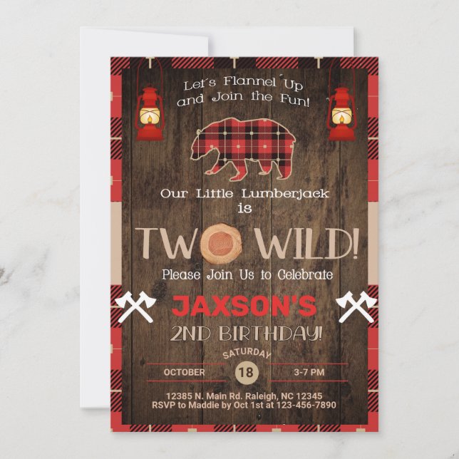 Invitation Lumberjack garçon 2ème anniversaire invitation. (Devant)