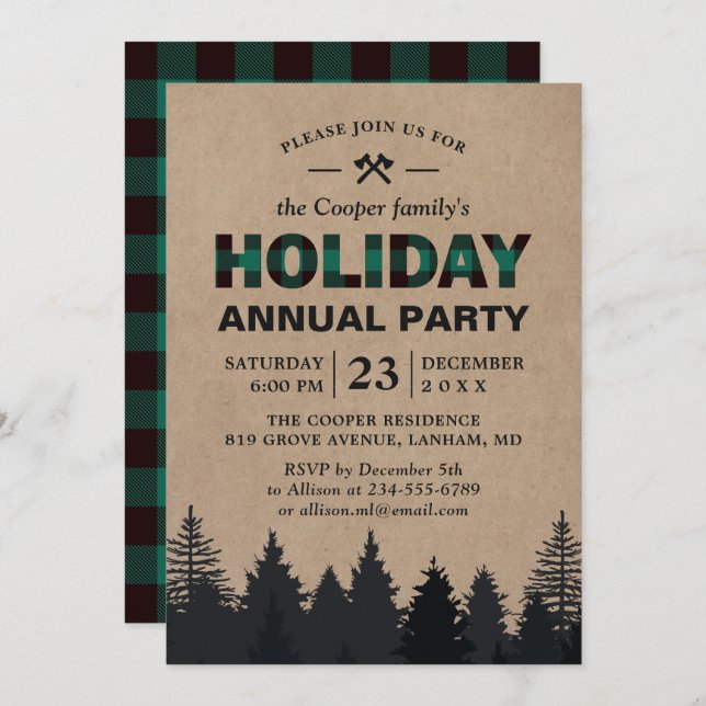 Invitation Lumberjack Green Buffalo Plaid Pines Fête (Devant / Derrière)