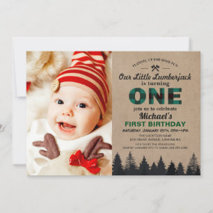 Invitation Lumberjack Green Plaid First Birthday Baby Photo