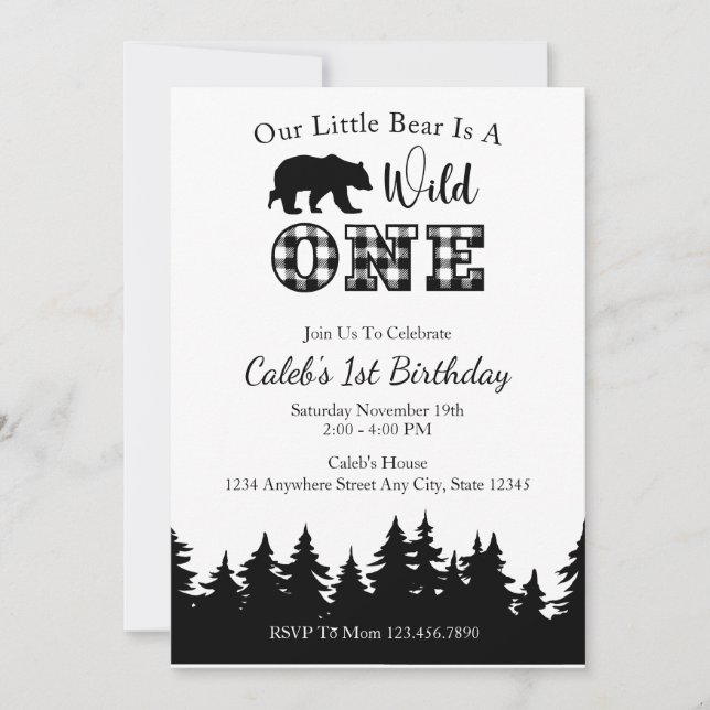 Invitation Lumberjack noir et blanc 1er anniversaire (Devant)