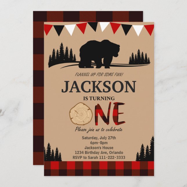 Invitation Lumberjack Ours Rustique 1er anniversaire Invitati (Devant / Derrière)