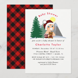 Invitation Lumberjack Rouge Noir Plaid Baby shower mou