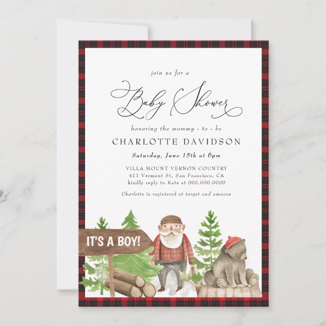 Invitation Lumberjack Rustique Ours Woodland Bois Baby shower (Devant)