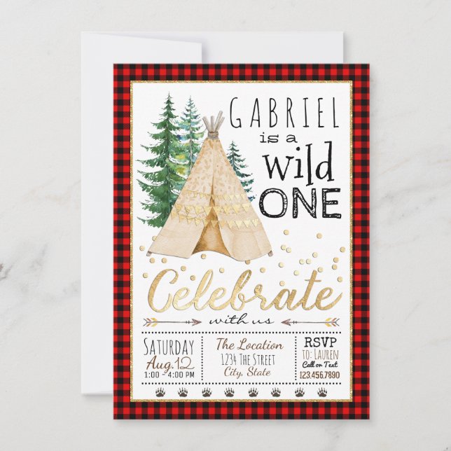 Invitation Lumberjack Wild One Tribal TeePee fête d'anniversa (Devant)