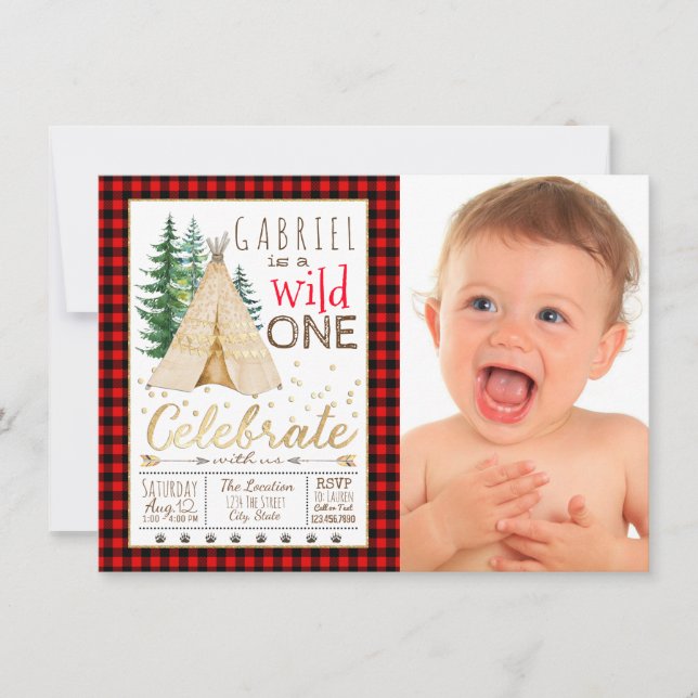 Invitation Lumberjack Wild One Tribal TeePee Premier annivers (Devant)