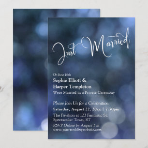 Invitation Lumière Bokeh Bleue & Typographie "Juste Mariés"