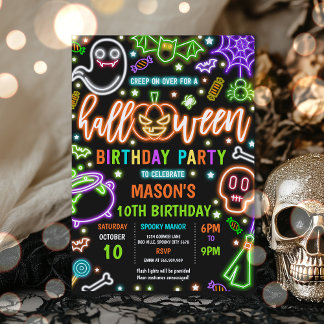 Invitation Lumière Dans Le Neon Noir Halloween Fête Anniversa