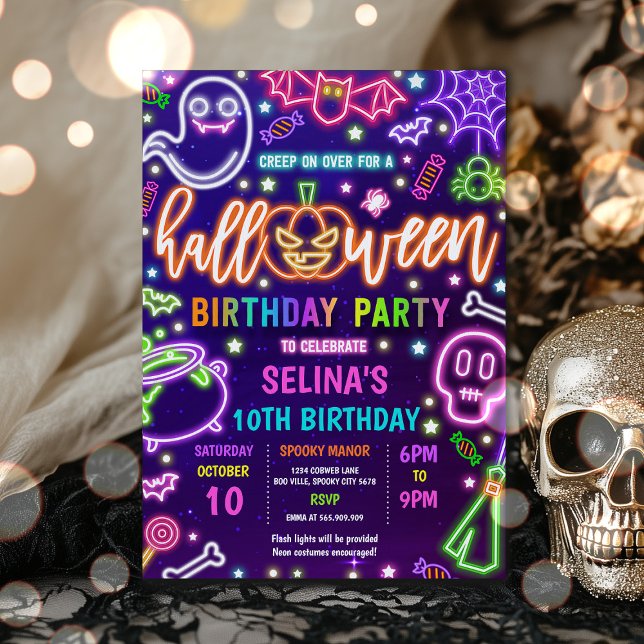 Invitation Lumière Dans Le Neon Noir Halloween Fête Anniversa (Créateur téléchargé)