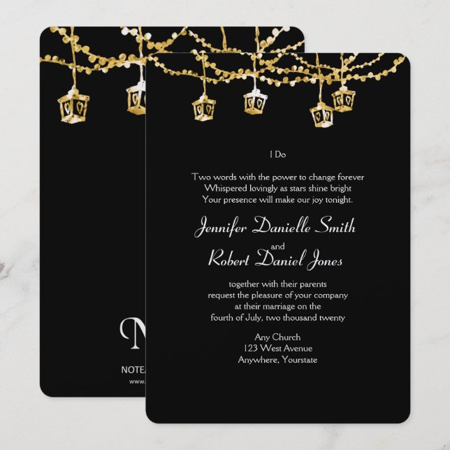 Invitation Lumière des lanternes d'or sur le Mariage noir (Devant / Derrière)