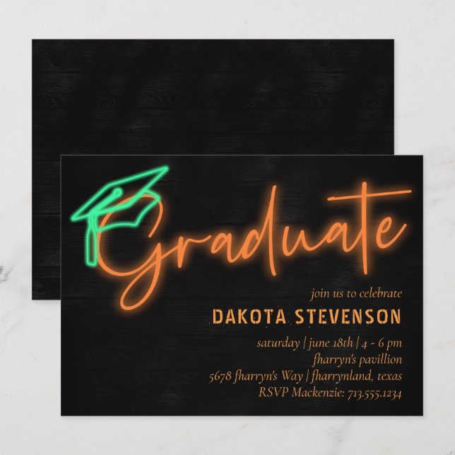 Invitation Lumière orange néon | Graduation moderne rétro (Devant / Derrière)