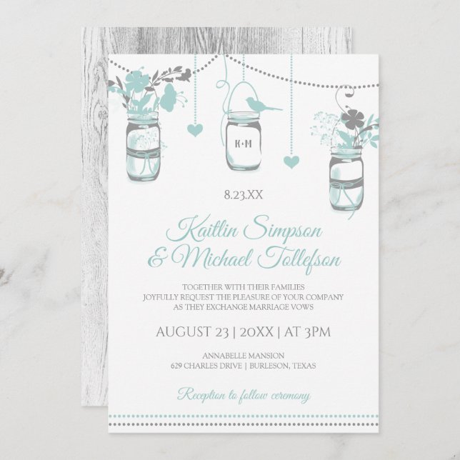 Invitation Lumière Turquoise Mason Jar mariage bois Invitatio (Devant / Derrière)