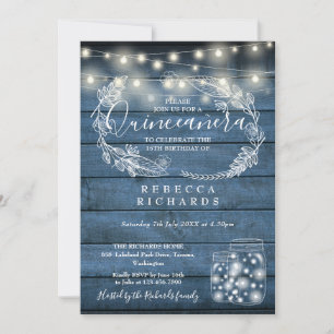Invitation Lumières à cordes bleues Mason Jars Quinceañera 15