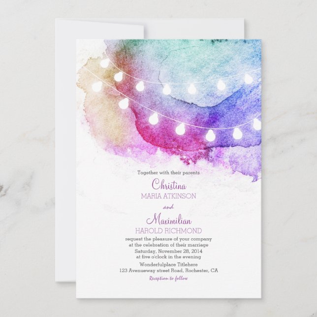 Invitation lumières à cordes d'aquarelle mariage romantique (Devant)