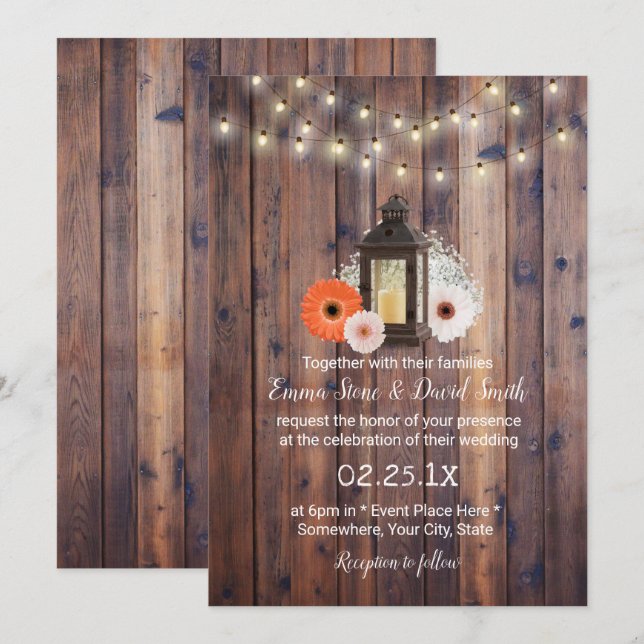 Invitation Lumières à cordes de lanterne rustique Mariage flo (Devant / Derrière)