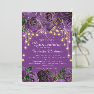 Invitation Lumières à cordes dorées et fleurs violettes pour 