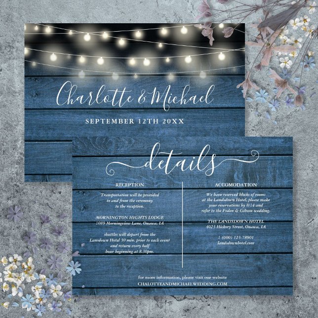 Invitation Lumières à cordes en bois rustique bleu Détails de (Blue Rustic Wood String Lights Wedding Details Invitation)