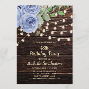 Invitation Lumières à cordes en bois rustique Fleur Dusty Blu