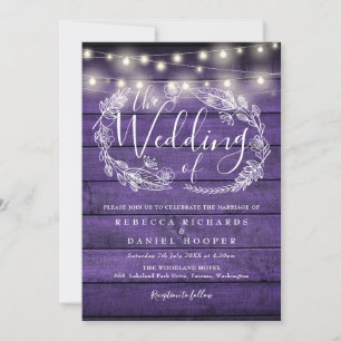 Invitation Lumières à cordes en bois rustique violet Script M