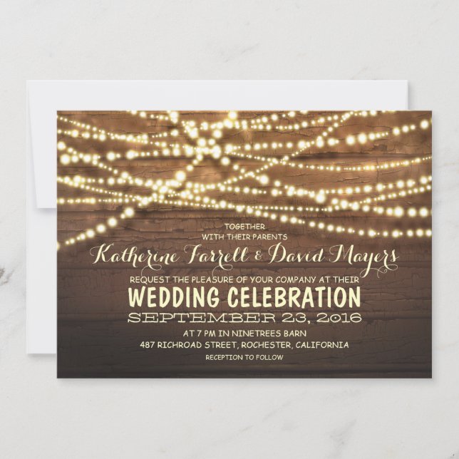Invitation Lumières à cordes rustiques et Mariage en bois (Devant)