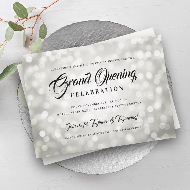 Invitation Lumières argentées formelles d'ouverture grand ent (Formal Corporate Grand Opening Silver Lights Invitation)
