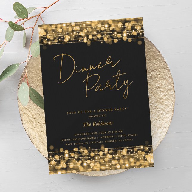 Invitation Lumières Chic Or Script Soirée Noir (Gold Chic Lights Script Dinner Party Black Invitation)