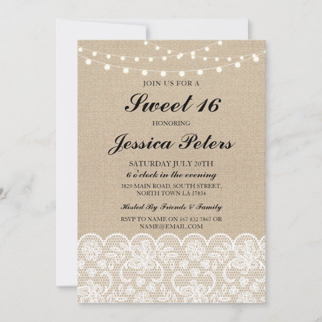 Invitation Lumières de 16e anniversaire Sweet Rustique Toile  (Devant)