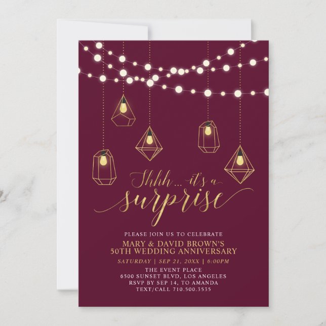 Invitation Lumières de Bourgogne dorées Surprise Noces Annive (Devant)