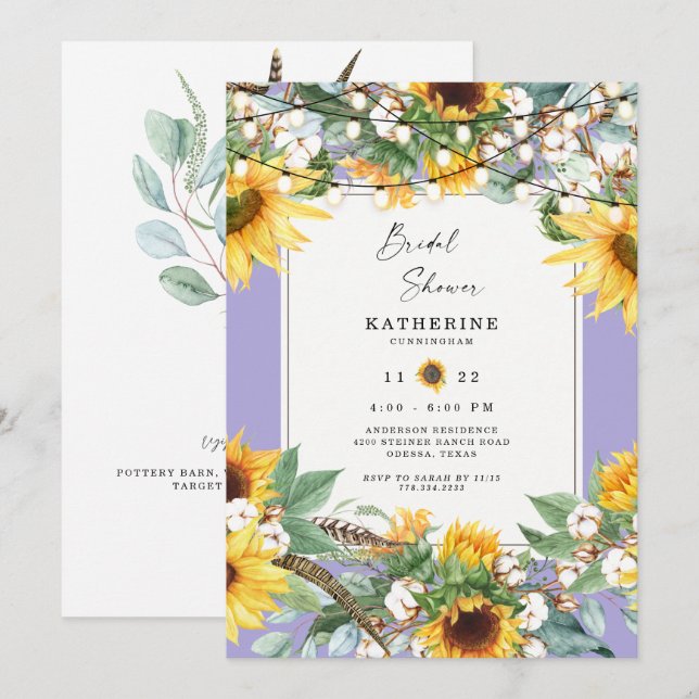 Invitation Lumières de chaîne de tournesol rustique mariage l (Devant / Derrière)