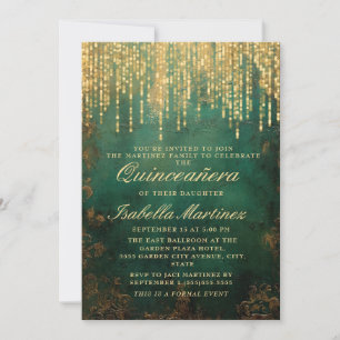 Invitation Lumières de chaîne dorées vertes élégantes Quincea