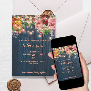 Invitation Lumières de chaîne florales en bois bleu Mariage r