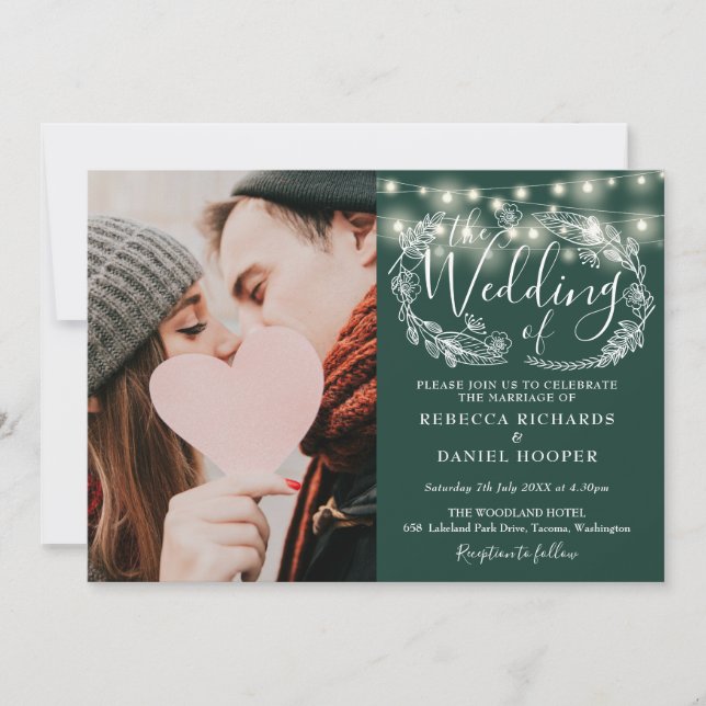 Invitation Lumières de Chaîne Vert Emeraude Fleur Photo Maria (Devant)