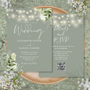Invitation Lumières de Chaîne Vert Sauge Floral Code QR Maria