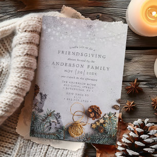 Invitation Lumières de Cône de Pin Friendsgiving Rustique