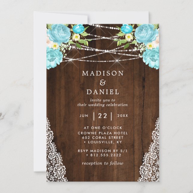 Invitation Lumières de corde en bois rustique Aqua Mint Fleur (Devant)