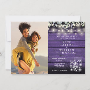 Invitation Lumières de corde en bois violet Fleurs Photo Mari