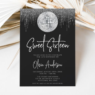 Invitation Lumières de disco Argent Noir Sweet 16