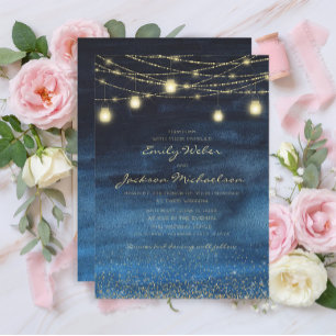Invitation Lumières de Fée Pailletées d'Or Bleu Mariage