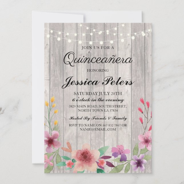 Invitation Lumières de fête de Quinceanera Rustique Bois Invi (Devant)