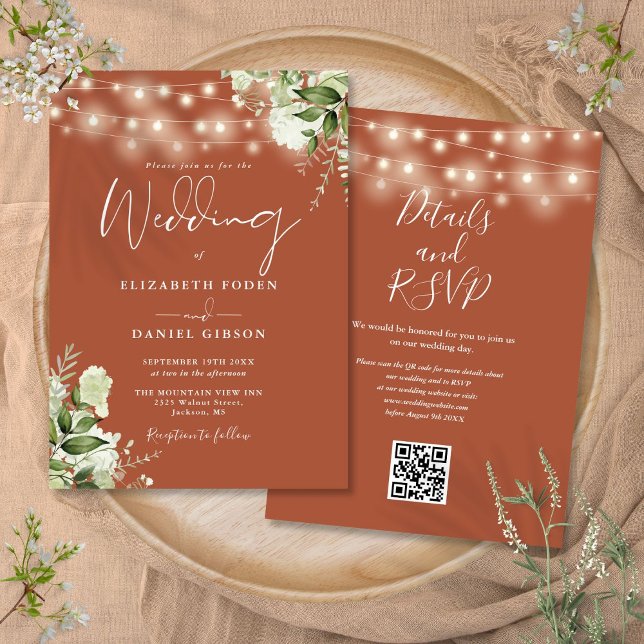 Invitation Lumières de ficelle en terre cuite Code QR Floral  (Terracotta String Lights Floral QR Code Wedding Invitation)