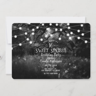 Invitation Lumières de forêt enchantée noir blanc pour fête S