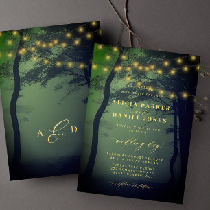 Invitation Lumières de forêt enchantées mariage or vert