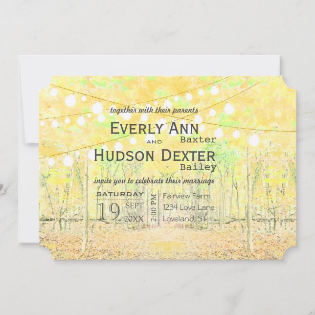 Invitation Lumières de forêt jaune et vert Mariage de la Garl (Devant)