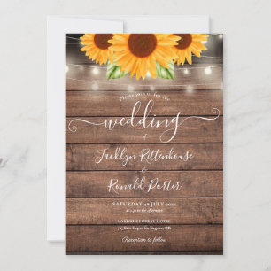 Invitation Lumières de guirlande de tournesols Mariage en boi