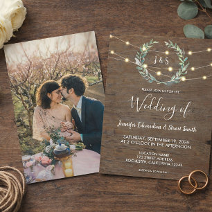 Invitation Lumières de guirlande en bois rustique monogramme 