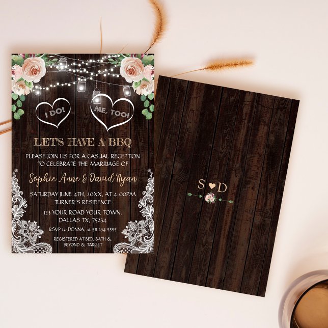Invitation Lumières de guirlande florale de champagne rose gr (rustic we said I do bbq, boho floral wood wedding bbq invite, trendy lace floral I do bbq invite)