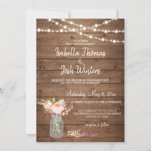 Invitation Lumières de jarre de maçon rustique Bouquet de piv